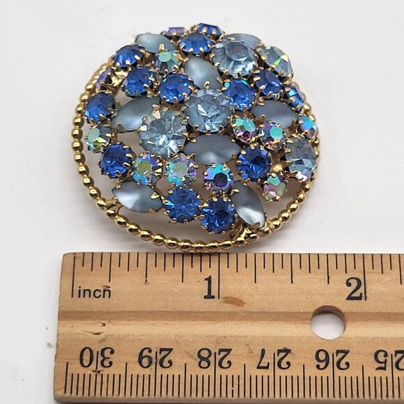 Vintage Weiss Brooch with Multicolor Blue and AB rhinestones Dome Circular Gold - Picture 9 of 9